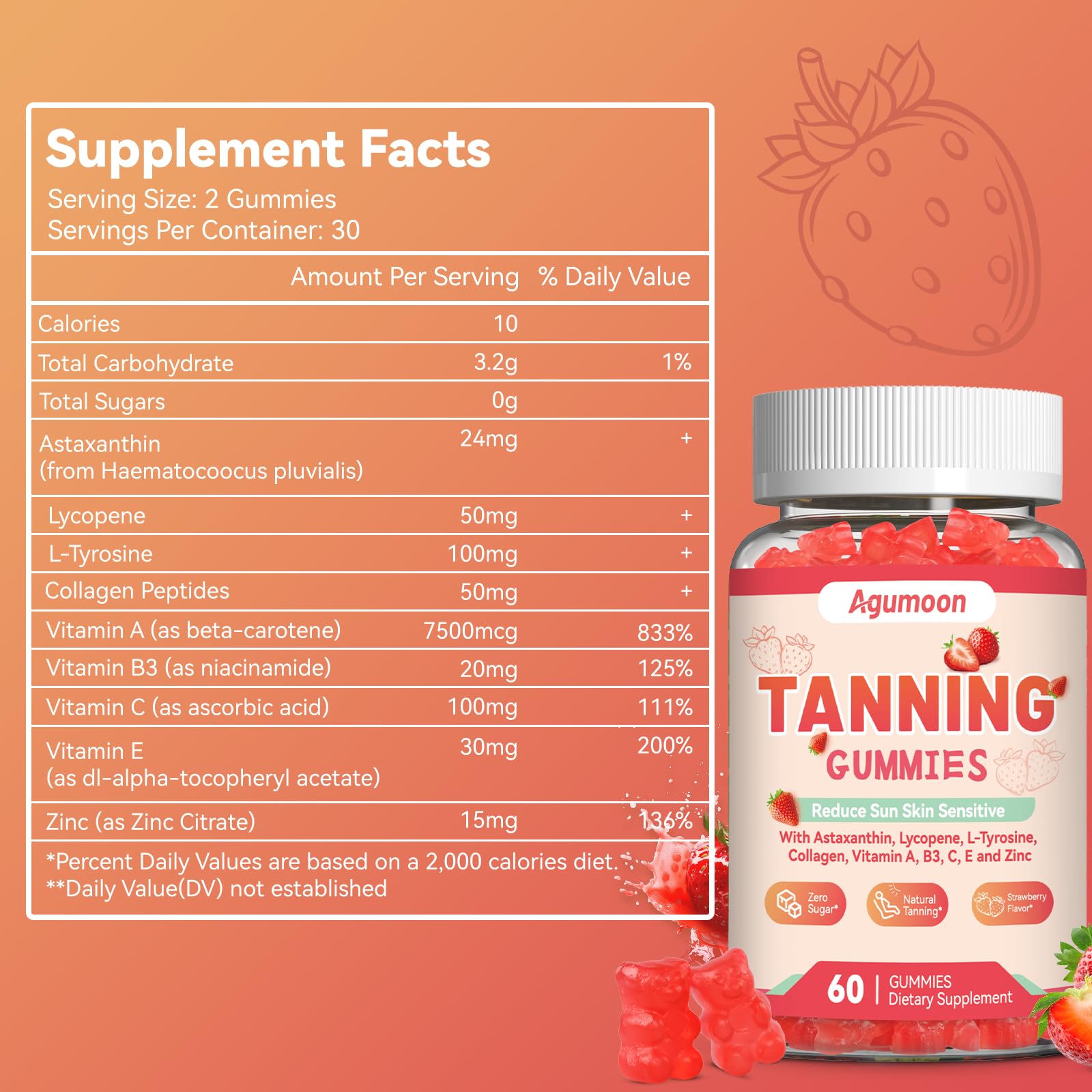 Agumoon Tanning Gummies for Women & Men | Self Tan Supplement with Beta Carotene, Lycopene & Astaxanthin – Vegan 120 Gummies