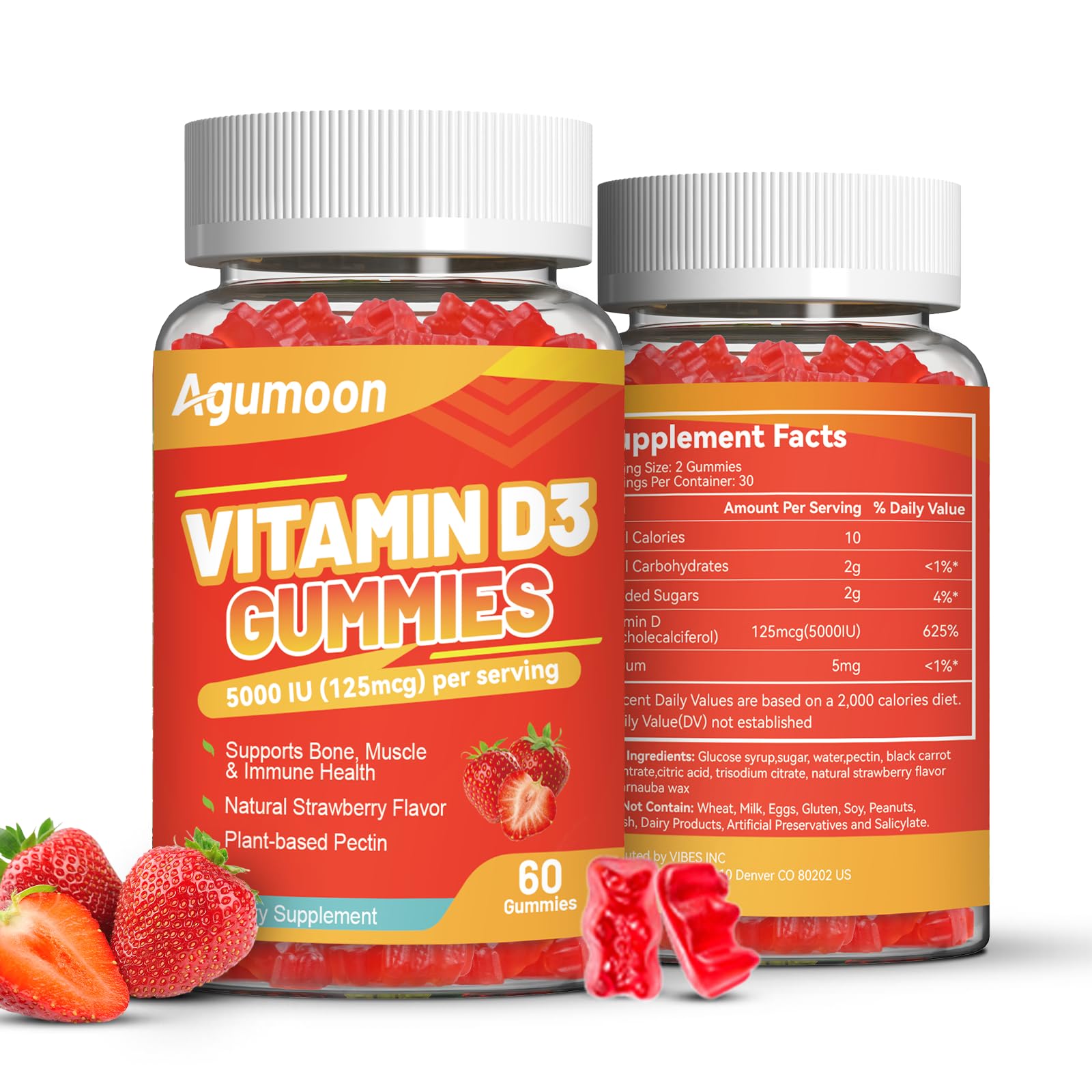 Agumoon Vitamin D3 5000 IU Gummies – 120 Count, Strawberry – Immune Support