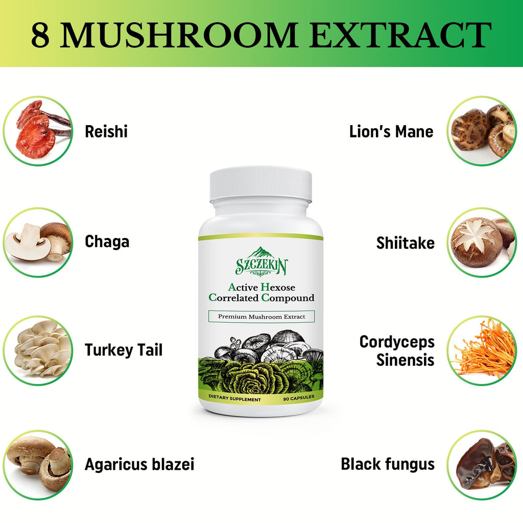 SZCZEKIN AHCC 1500 mg with 8 Mushroom Extracts – 540 Vegan Capsules