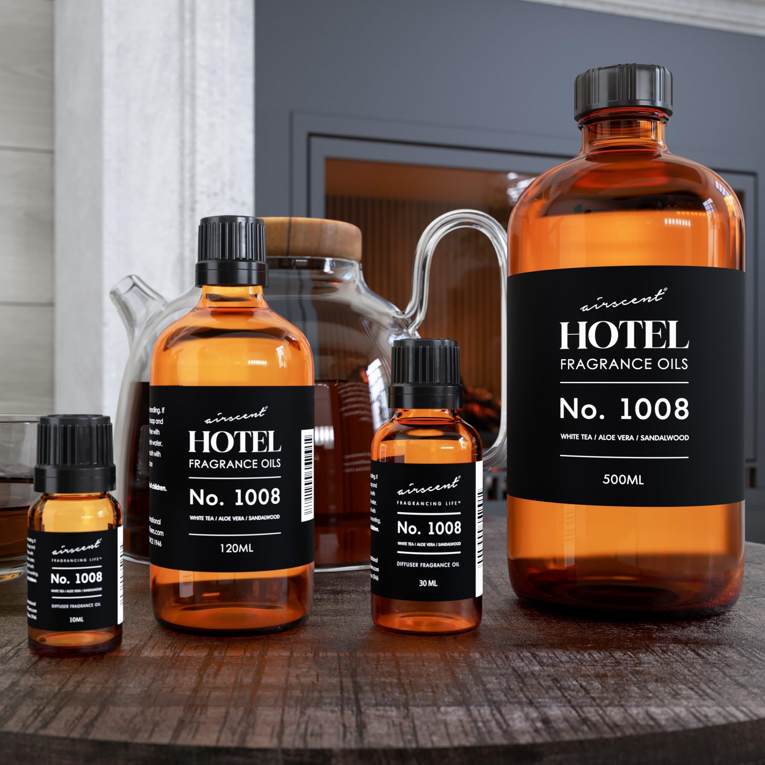AirScent Hotel Diffuser Oil No. 1008 - White Tea, Aloe Vera & Sandalwood - 500 mL Glass Bottle
