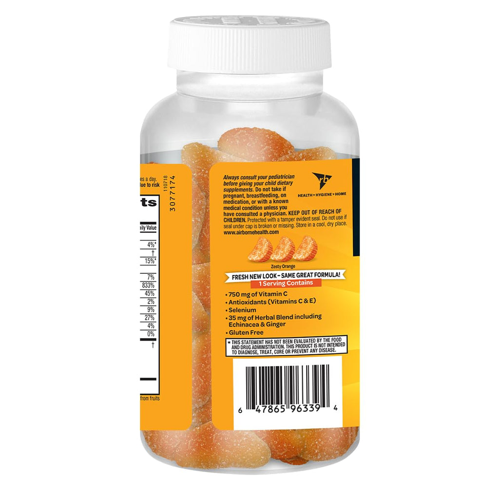 Airborne 750mg Vitamin C Gummies – Immune Support, Zesty Orange, Gluten Free (63 Gummies, 4 Pack)