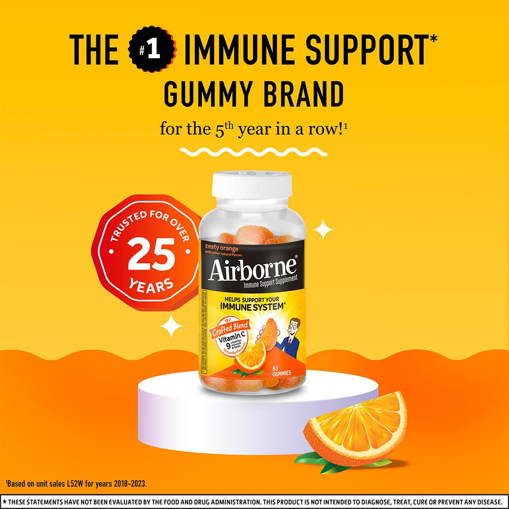 Airborne 750mg Vitamin C Gummies – Immune Support, Zesty Orange, Gluten Free (63 Gummies, 4 Pack)