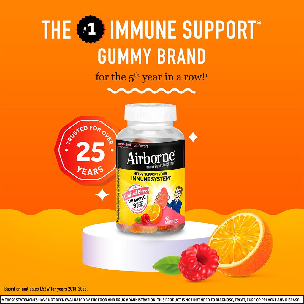 Airborne 750mg Vitamin C Immune Support Gummies for Adults - Assorted Fruit Flavor, Gluten Free - 42 Gummies (2 Pack)