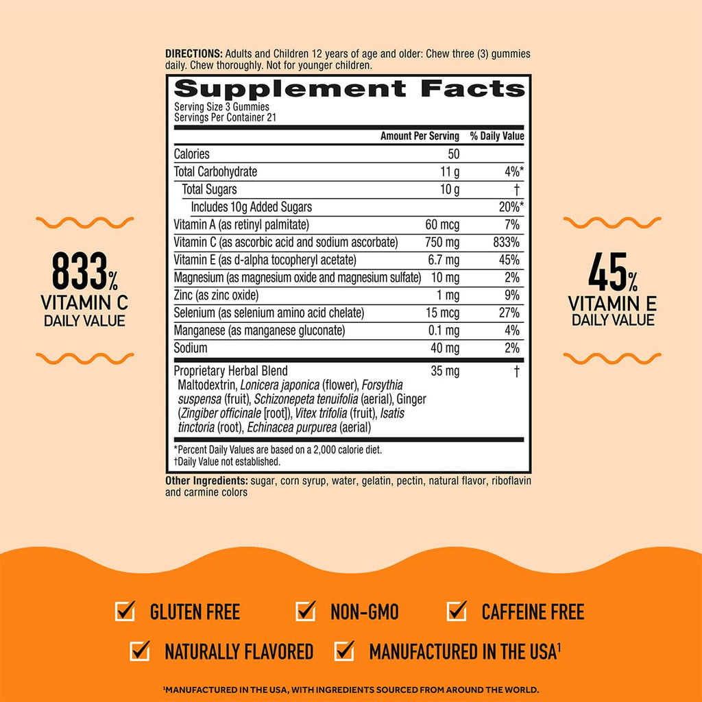 Airborne 750mg Vitamin C Immune Support Gummies – Zesty Orange, Gluten Free | 63 Gummies (3-Pack)
