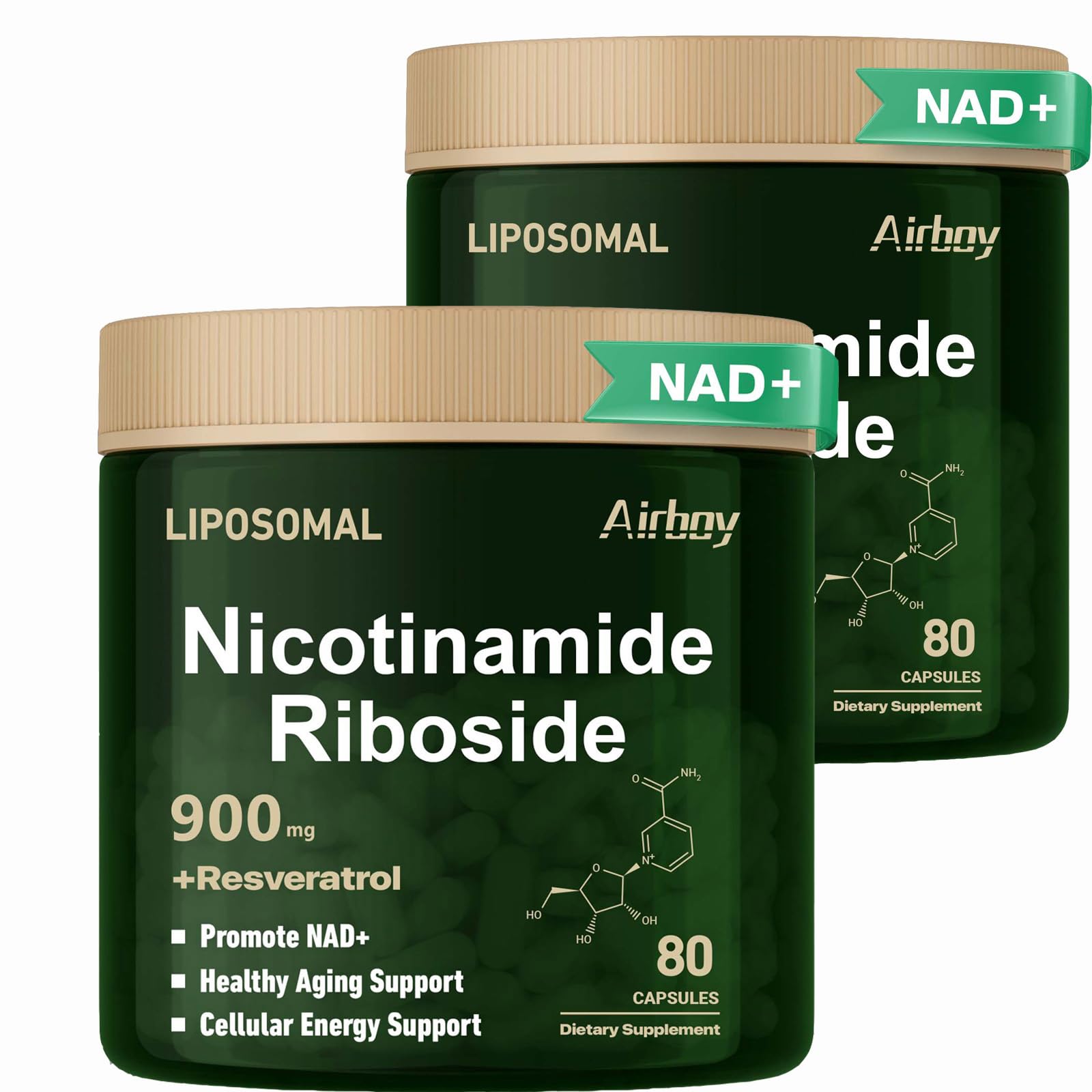 Airboy Liposomal Nicotinamide Riboside 900 mg – NAD+ Support with Resveratrol & Quercetin | 80 Capsules (2 Pack)