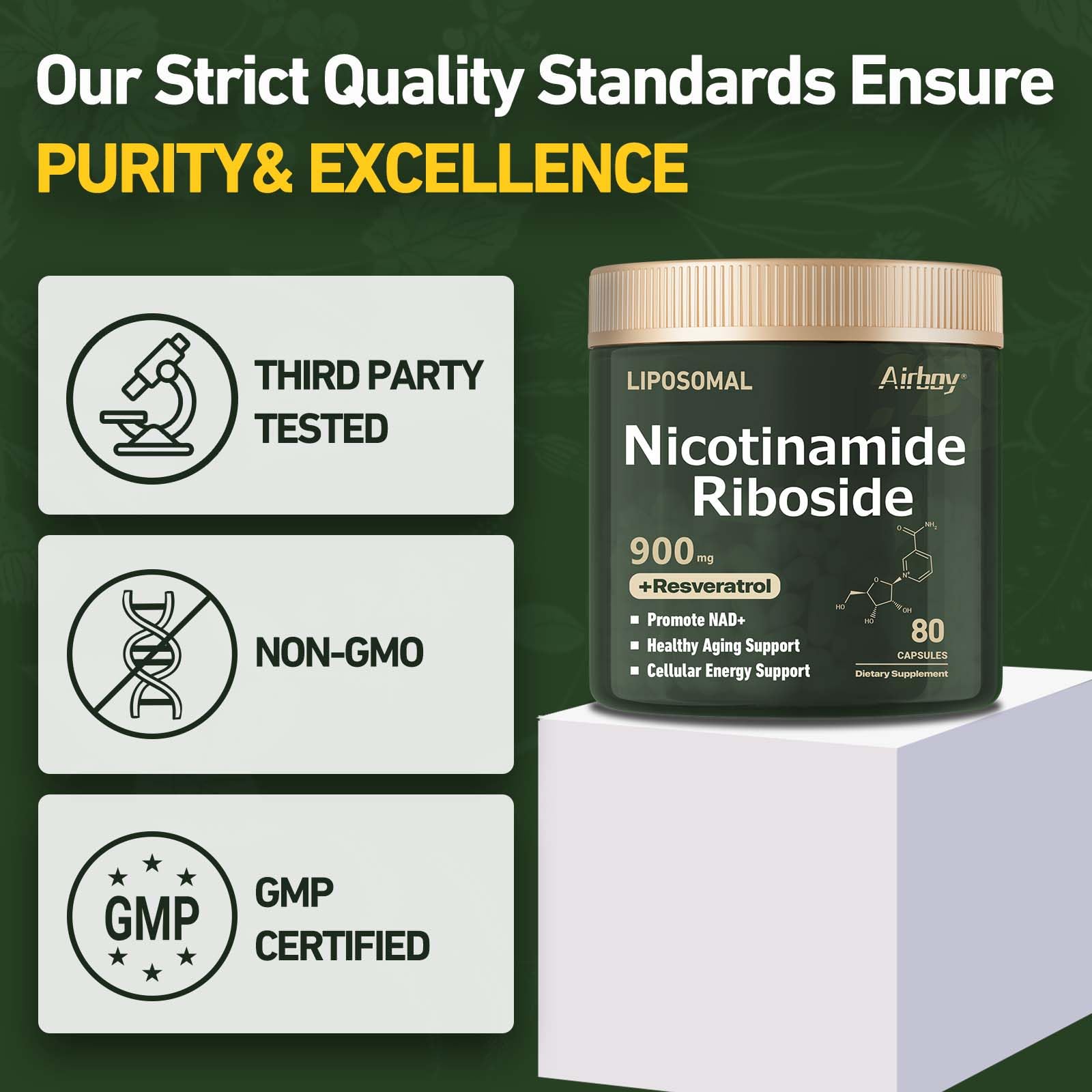 Airboy Liposomal Nicotinamide Riboside 900 mg – NAD+ Support with Resveratrol & Quercetin | 80 Capsules (2 Pack)