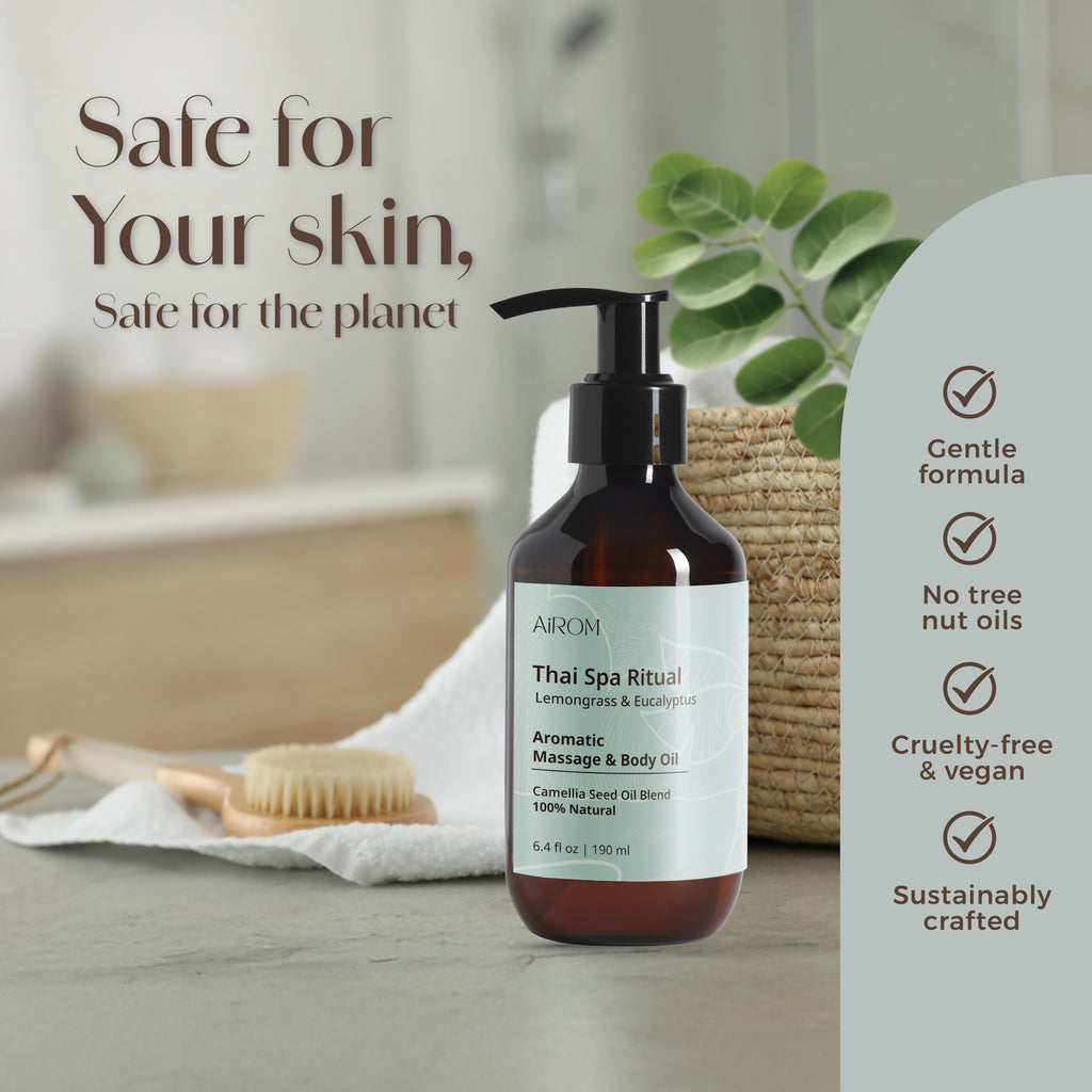 AiROM Lemongrass & Eucalyptus Massage Oil – Thai Spa Ritual (6.4 oz) – Non-Greasy, Nut-Free, Hypoallergenic