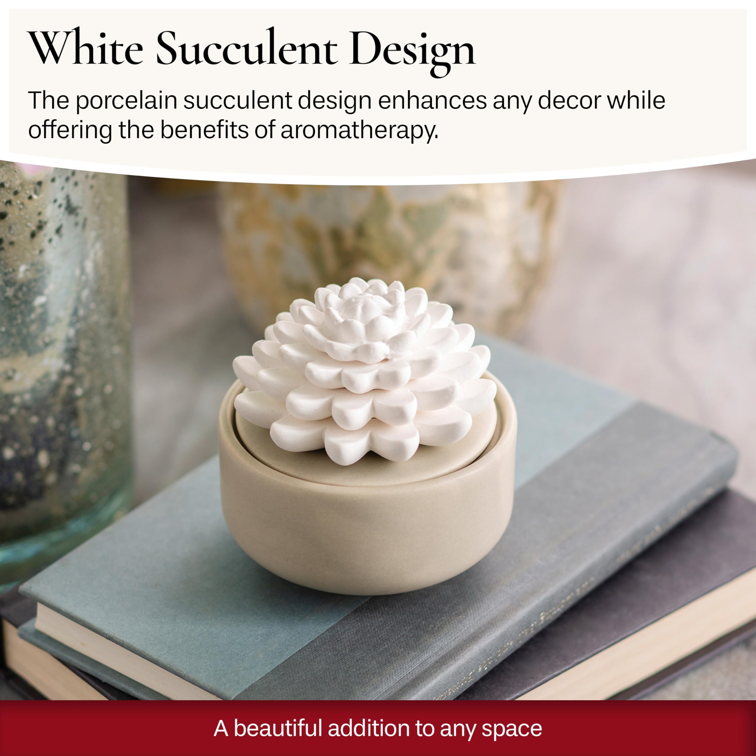 Airomé White Succulent Porcelain Passive Diffuser – Non-Electric, 15ml Peppermint Oil Included