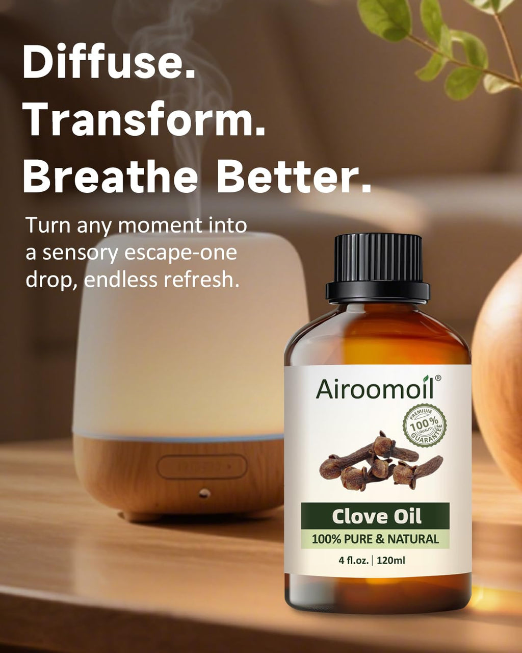Airoomoil Pure Clove Essential Oil - 100% Natural, Premium Grade (4 Fl Oz / 120 ml)