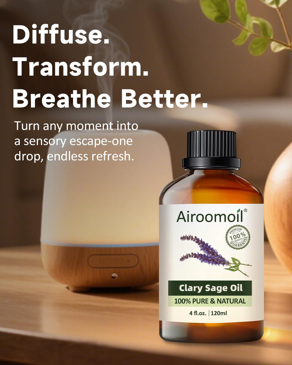 Airoomoil Pure Clary Sage Essential Oil – 4 oz (120 ml), 100% Natural, Premium Grade