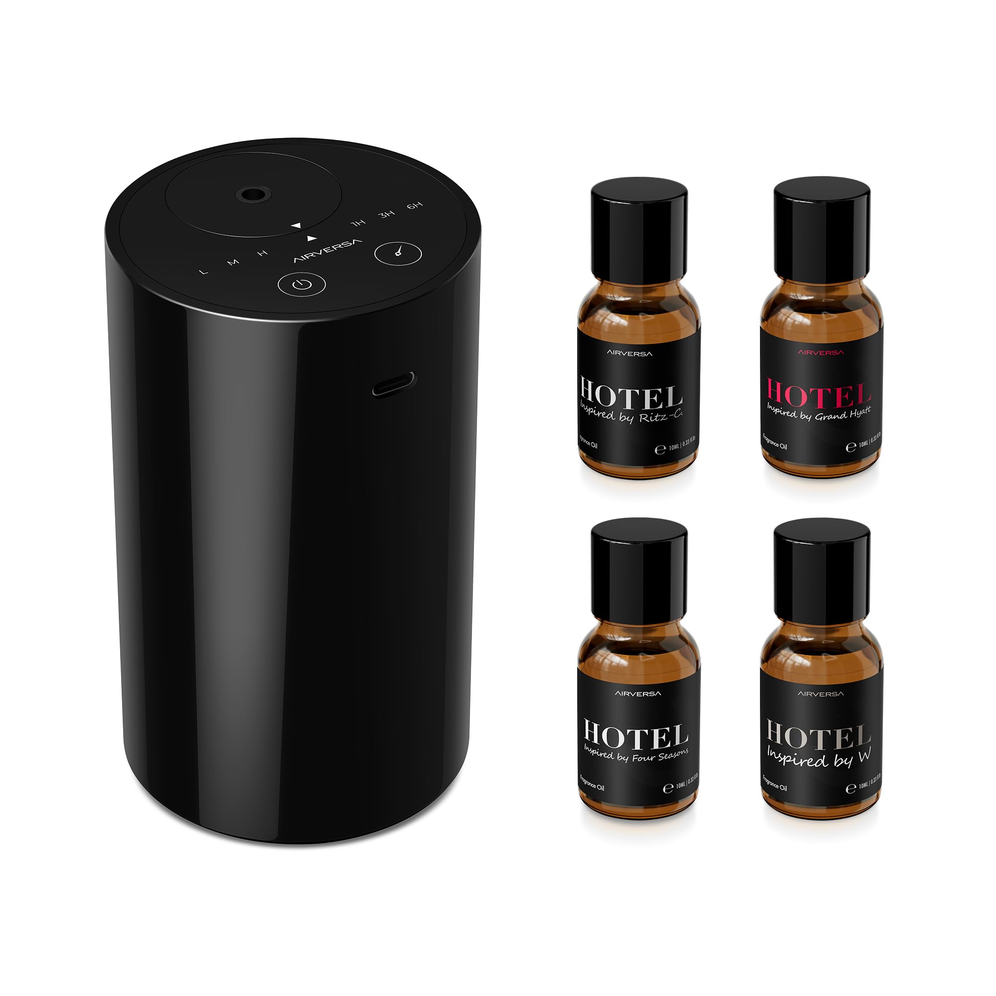 Airversa AN8 Kit Black – Waterless Essential Oil Diffuser Starter Kit with 4x10mL Fragrance Oils