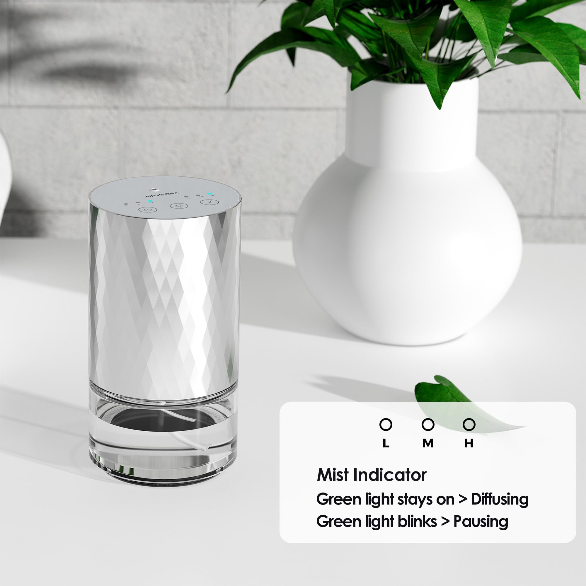 Airversa Waterless Diffuser 100ml Silver – Battery-Operated Nano Mist, 3 Mist Settings