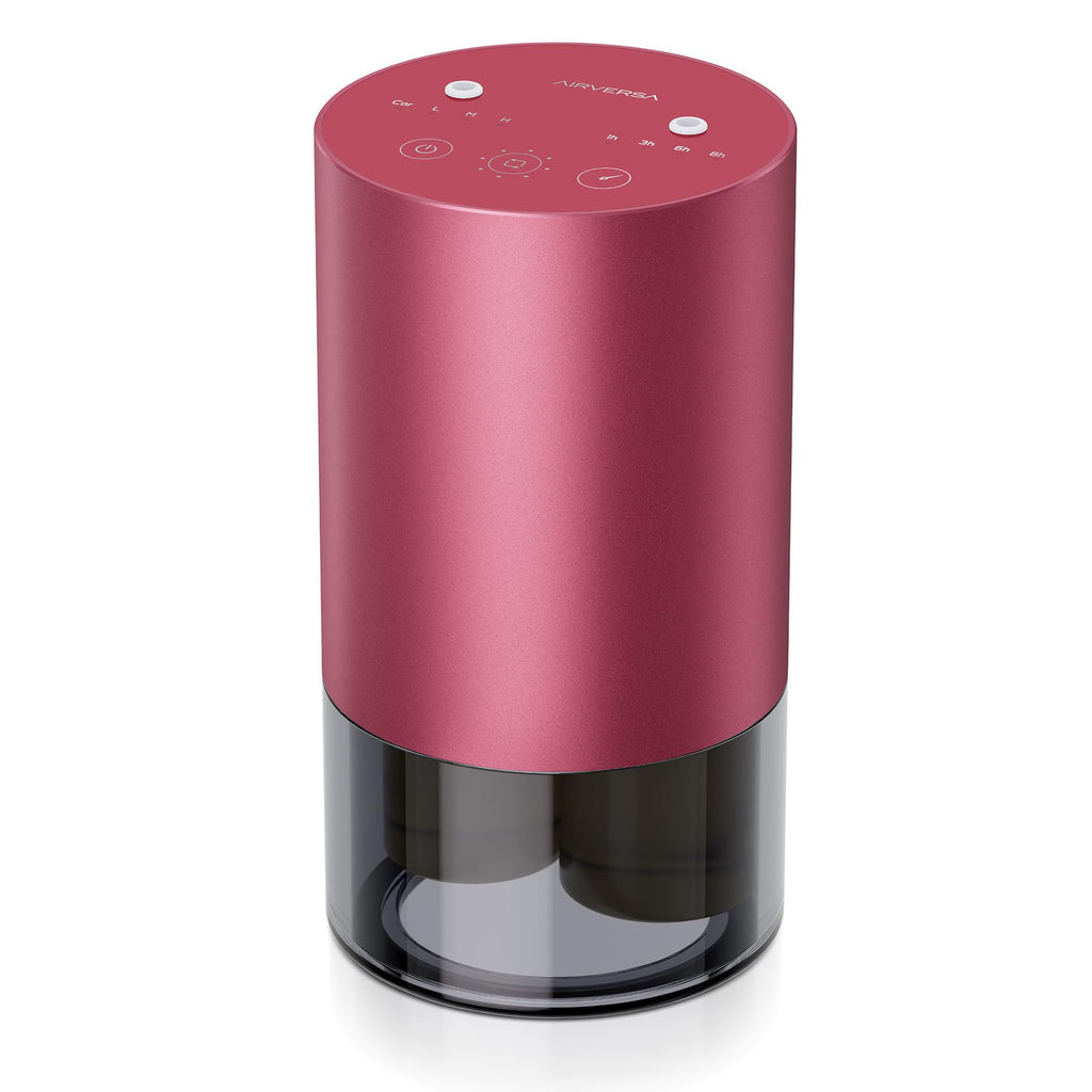 Airversa Dual-Nozzle Waterless Essential Oil Diffuser – Rechargeable, Car Mode, 5 Timer Settings, 4 Mist Levels, Red Pink Metal