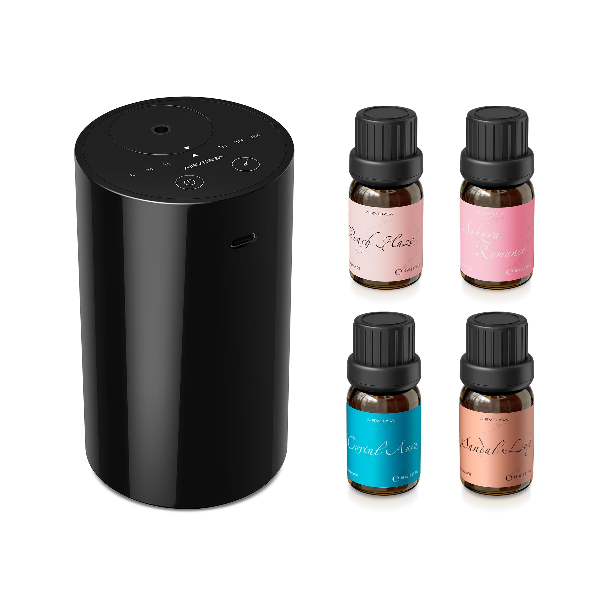 Airversa Waterless Diffuser Starter Kit AN8 Kit2 Black — 4x 10mL Fragrance Oils, USB-C Rechargeable