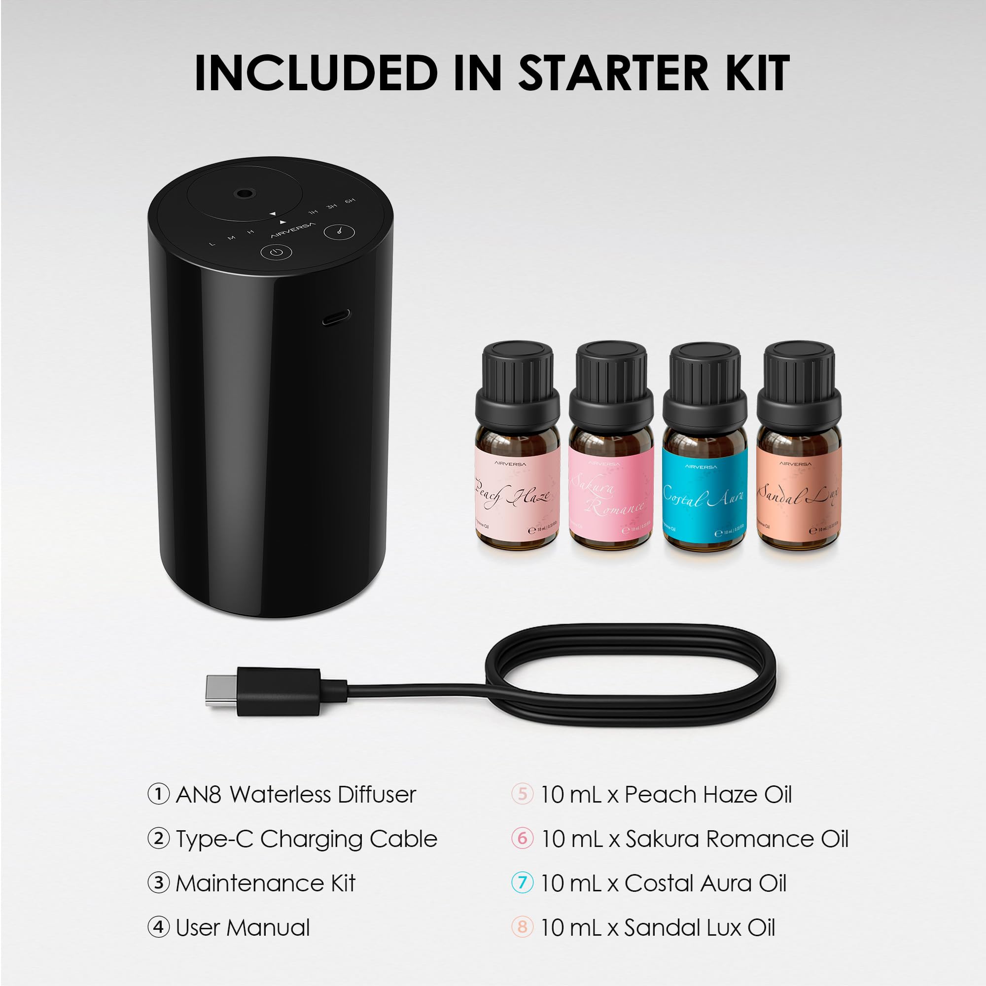 Airversa Waterless Diffuser Starter Kit AN8 Kit2 Black — 4x 10mL Fragrance Oils, USB-C Rechargeable