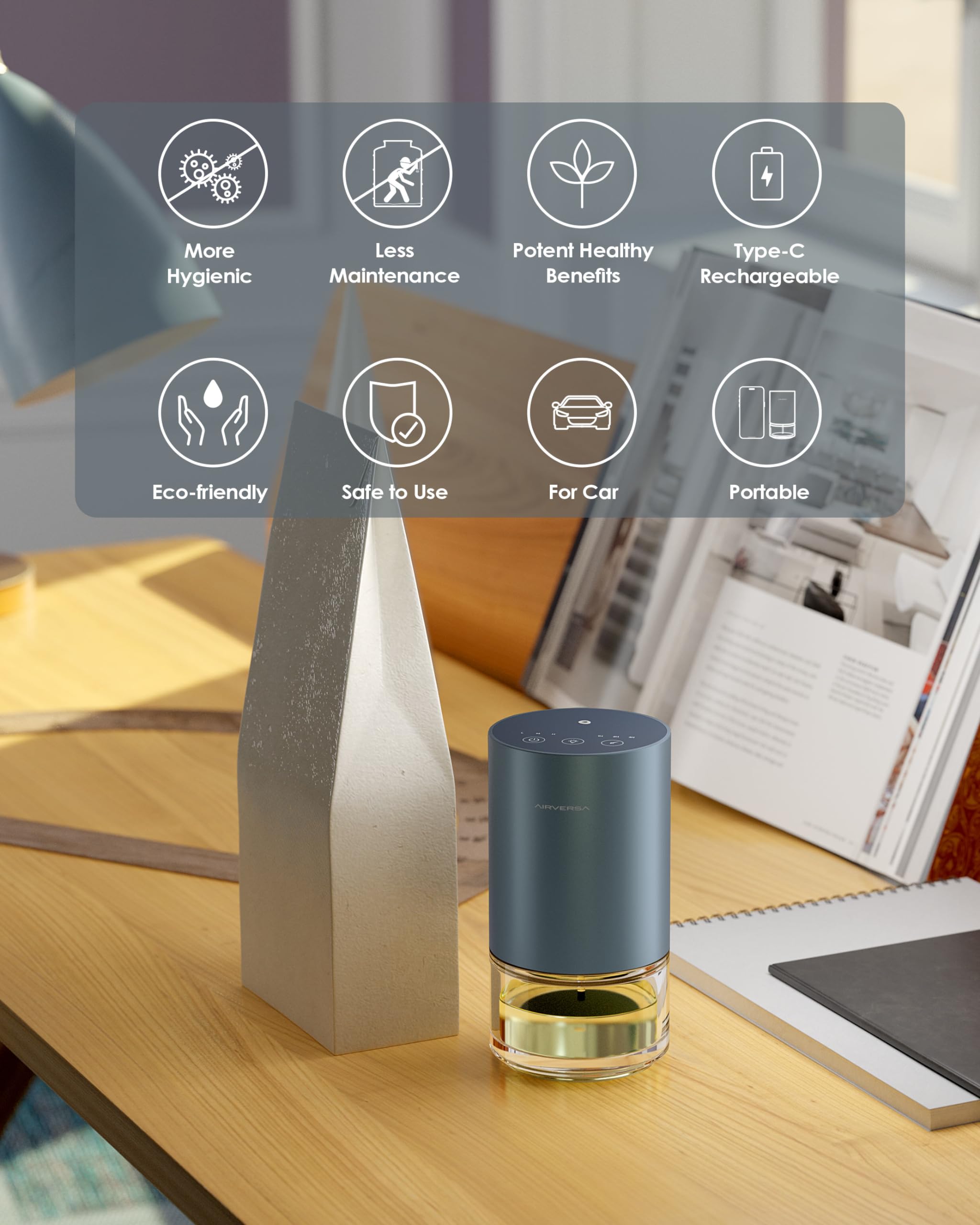 Airversa Waterless Diffuser — Battery-Powered Aromatherapy Nebulizer, 100ml Glass Bottle, 3 Mist Settings, Space Gray