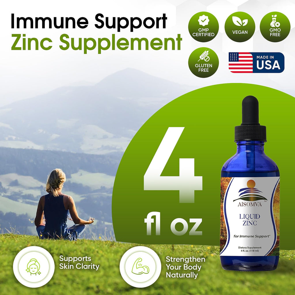 AISOMVA Liquid Zinc Drops – High-Absorption Zinc for Immune Support, Skin & Bones | Made in USA (4 oz)