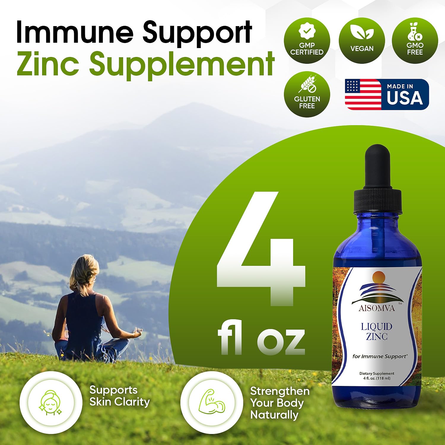 AISOMVA Liquid Zinc Drops – High-Absorption Zinc for Immune Support, Skin & Bones | Made in USA (4 oz)