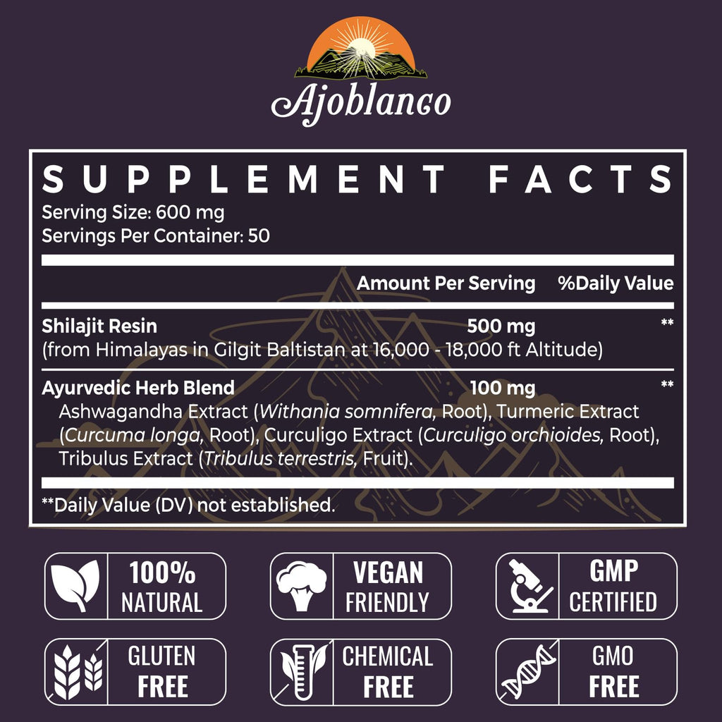 Ajoblanco 600mg Himalayan Shilajit Resin – Organic Ayurvedic Blend, Pack of 2 for Energy & Immunity