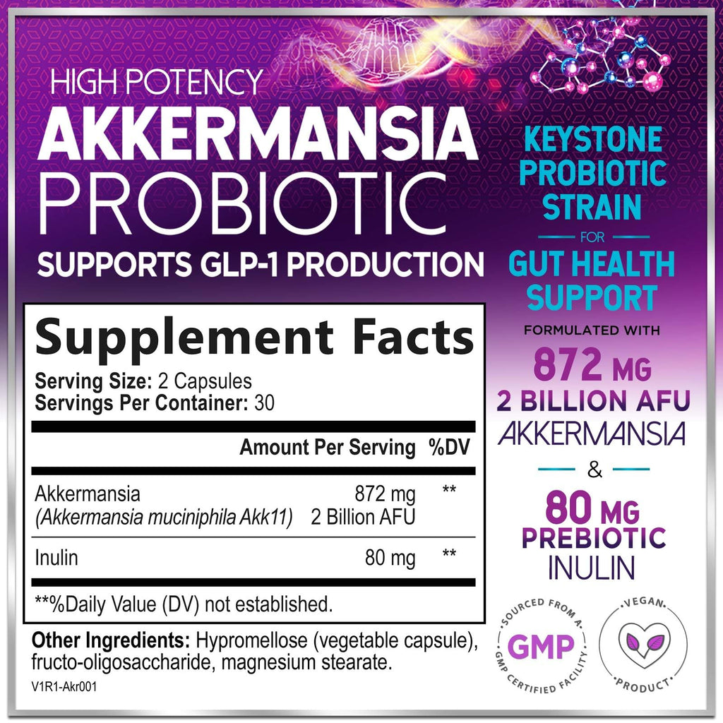 Akkermansia Probiotic 2B AFU – GLP-1 Support with Prebiotic Fiber – 60 Capsules | Made in USA