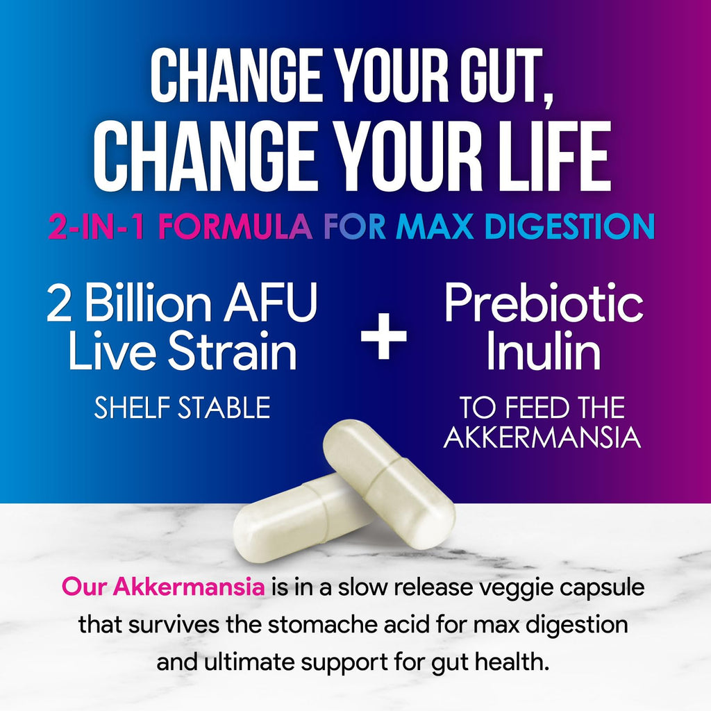 Akkermansia Probiotic Supplement - 2 Billion AFU GLP-1 with Prebiotic Fiber - 60 Capsules