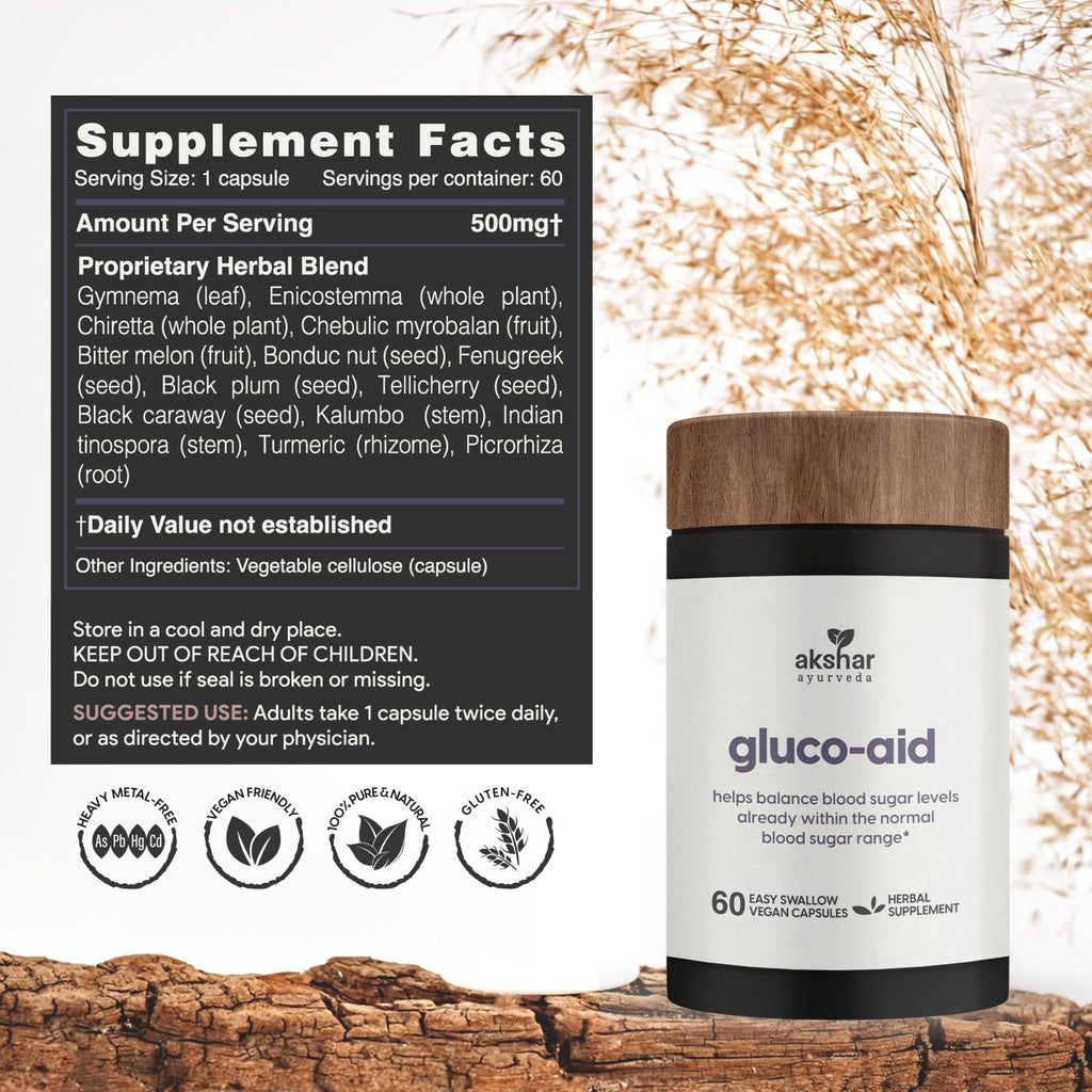AKSHAR Ayurveda Gluco Support - Gymnema, Bitter Melon, Turmeric (60 Capsules)