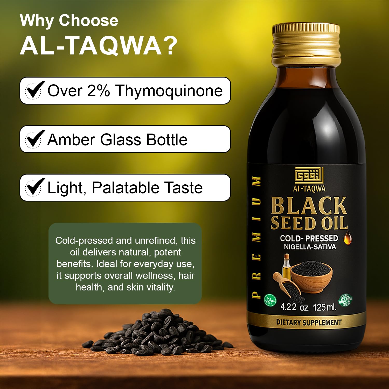 AL-TAQWA Black Seed Oil – Extra Virgin Nigella Sativa (Kalonji) 125ml Amber Bottle