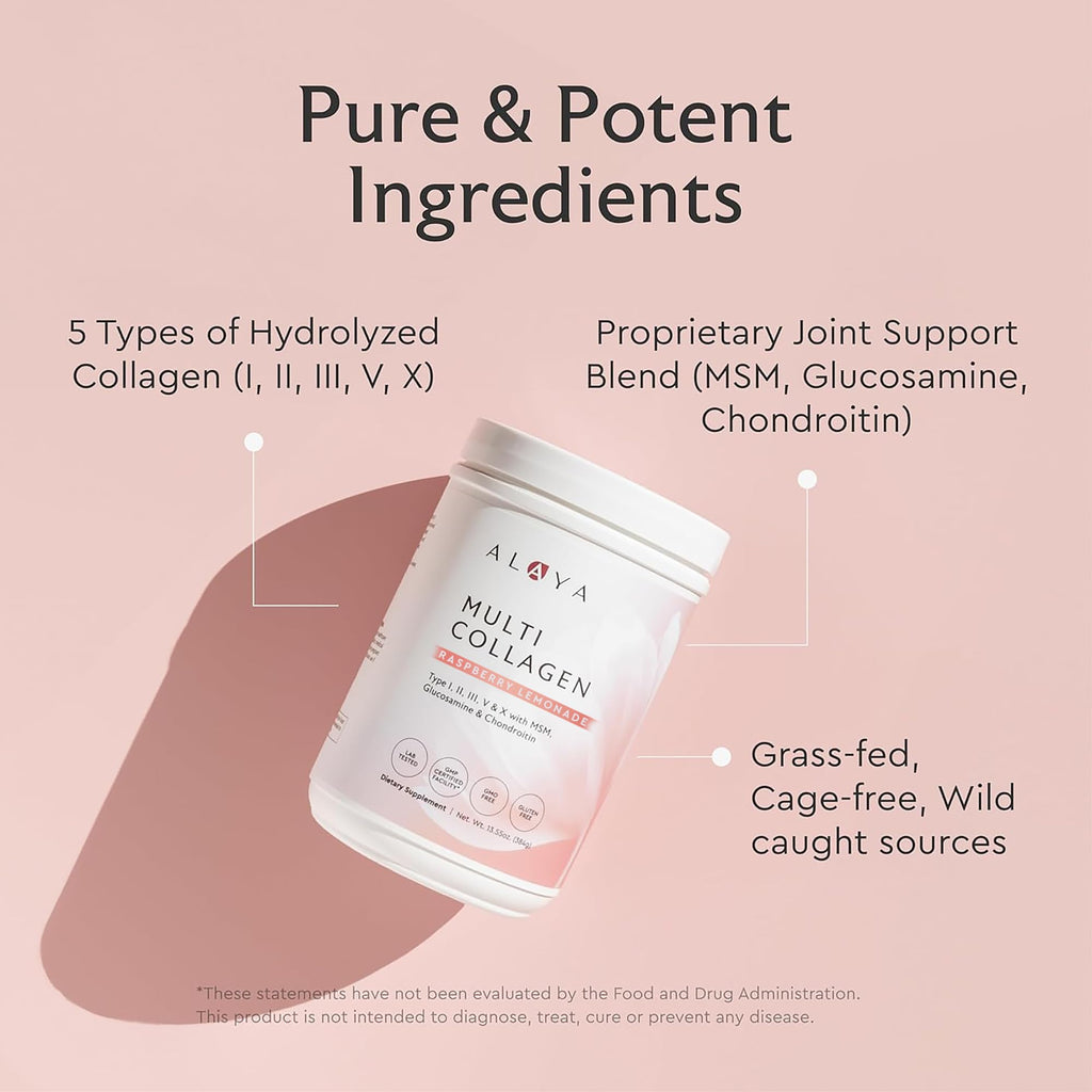 Alaya Naturals Multi Collagen Powder – Raspberry Lemonade (Type I-X)