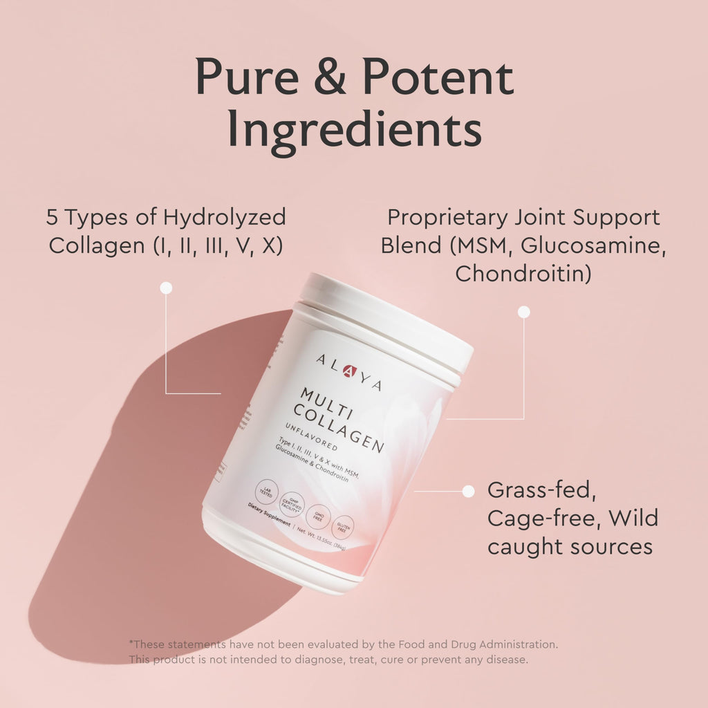 Alaya Multi Collagen Powder - Type I, II, III, V, X Hydrolyzed Collagen Peptides + MSM (Unflavored) - 40 Servings