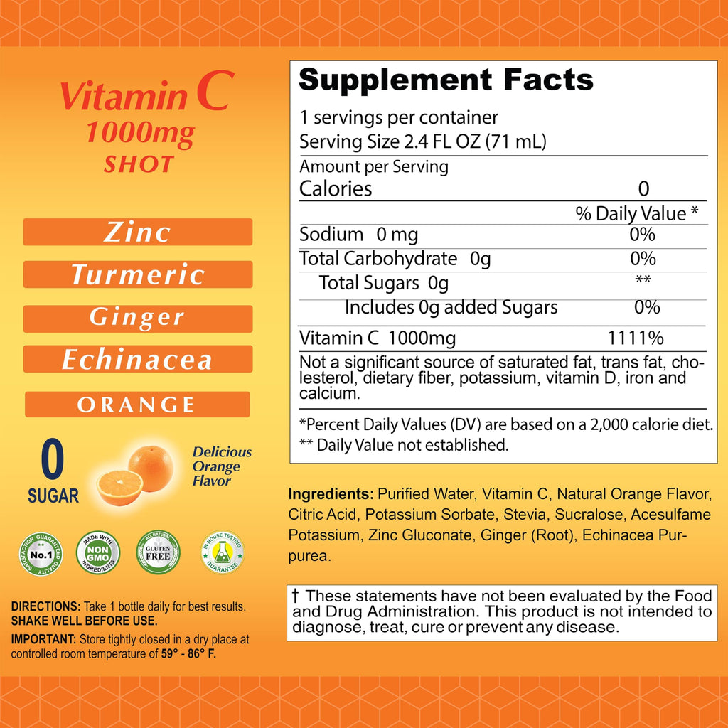 ALFA VITAMINS Vitamin C Shot 1000mg with Zinc, Ginger & Echinacea – Immune Support & Daily Wellness – Orange Flavor, 2.4 fl oz, 80-count
