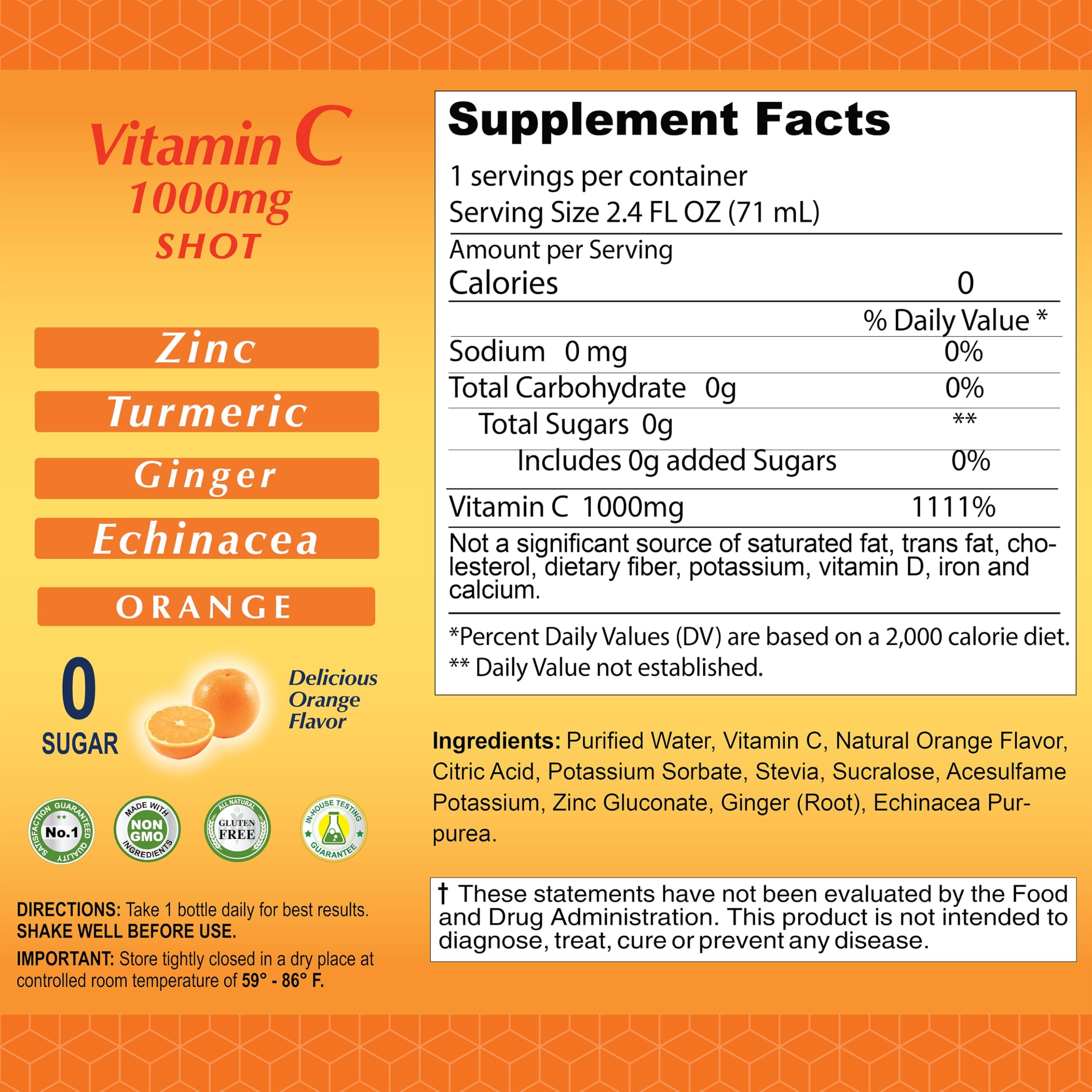 ALFA VITAMINS Vitamin C Shot 1000mg with Zinc, Ginger & Echinacea – Immune Support & Daily Wellness – Orange Flavor, 2.4 fl oz, 80-count
