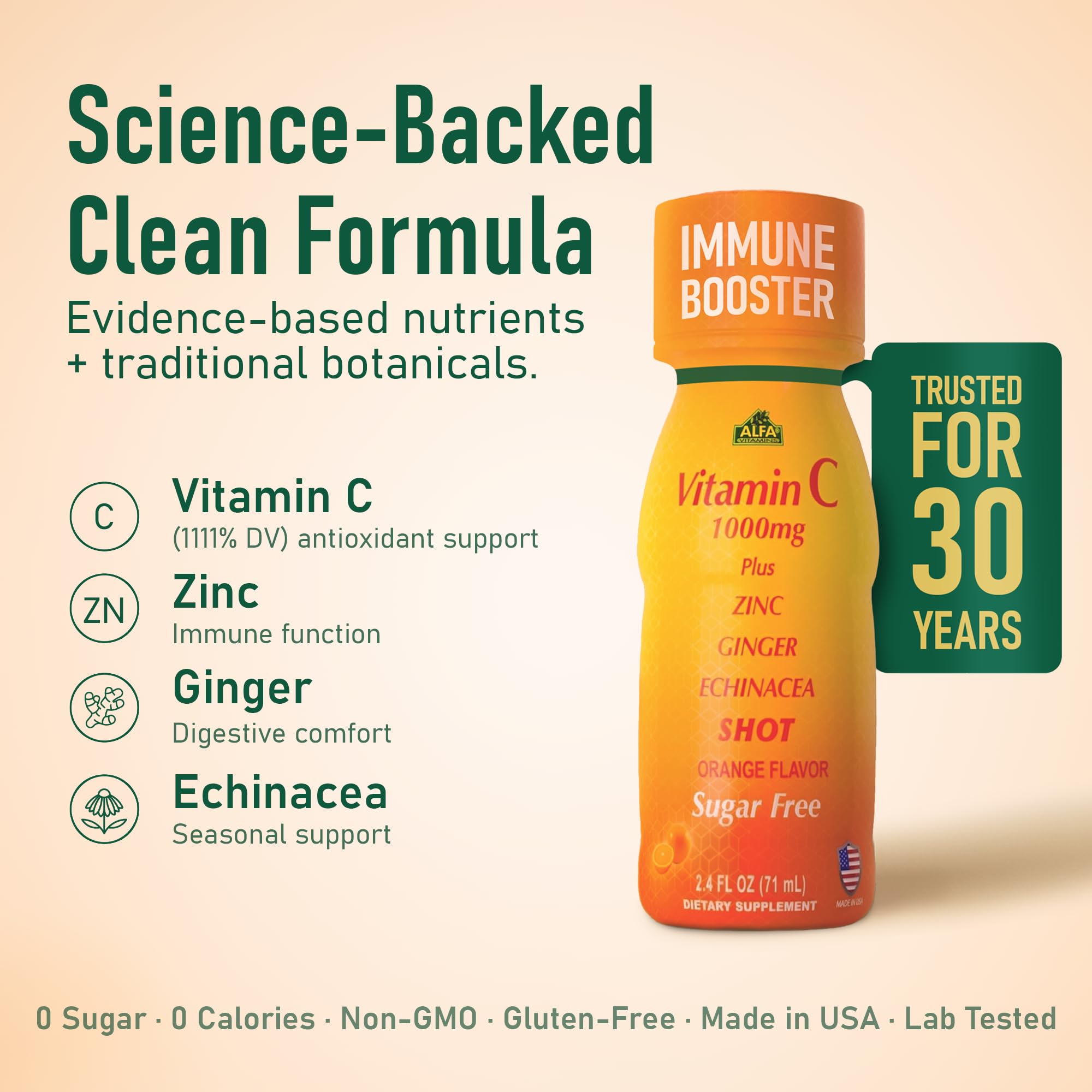 ALFA VITAMINS Vitamin C Shot 1000mg with Zinc, Ginger & Echinacea – Immune Support & Daily Wellness – Orange Flavor – 2.4 fl oz Bottle – 20 Pack