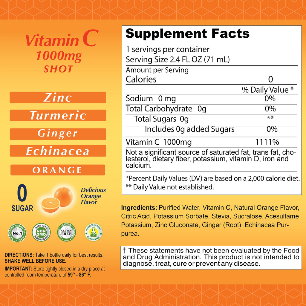 ALFA VITAMINS Vitamin C Shot 1000mg with Zinc, Ginger & Echinacea – Immune Support & Daily Wellness – Orange Flavor – 2.4 fl oz Bottle – 20 Pack