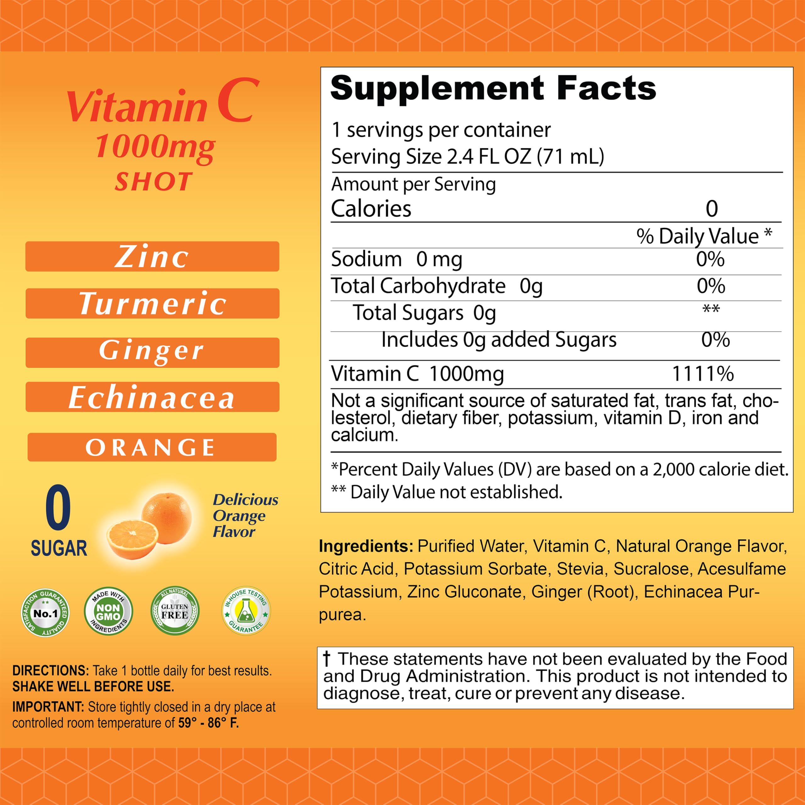 ALFA VITAMINS Vitamin C Shot 1000mg with Zinc, Ginger & Echinacea – Immune Support & Daily Wellness – Orange Flavor – 2.4 fl oz Bottle – 20 Pack