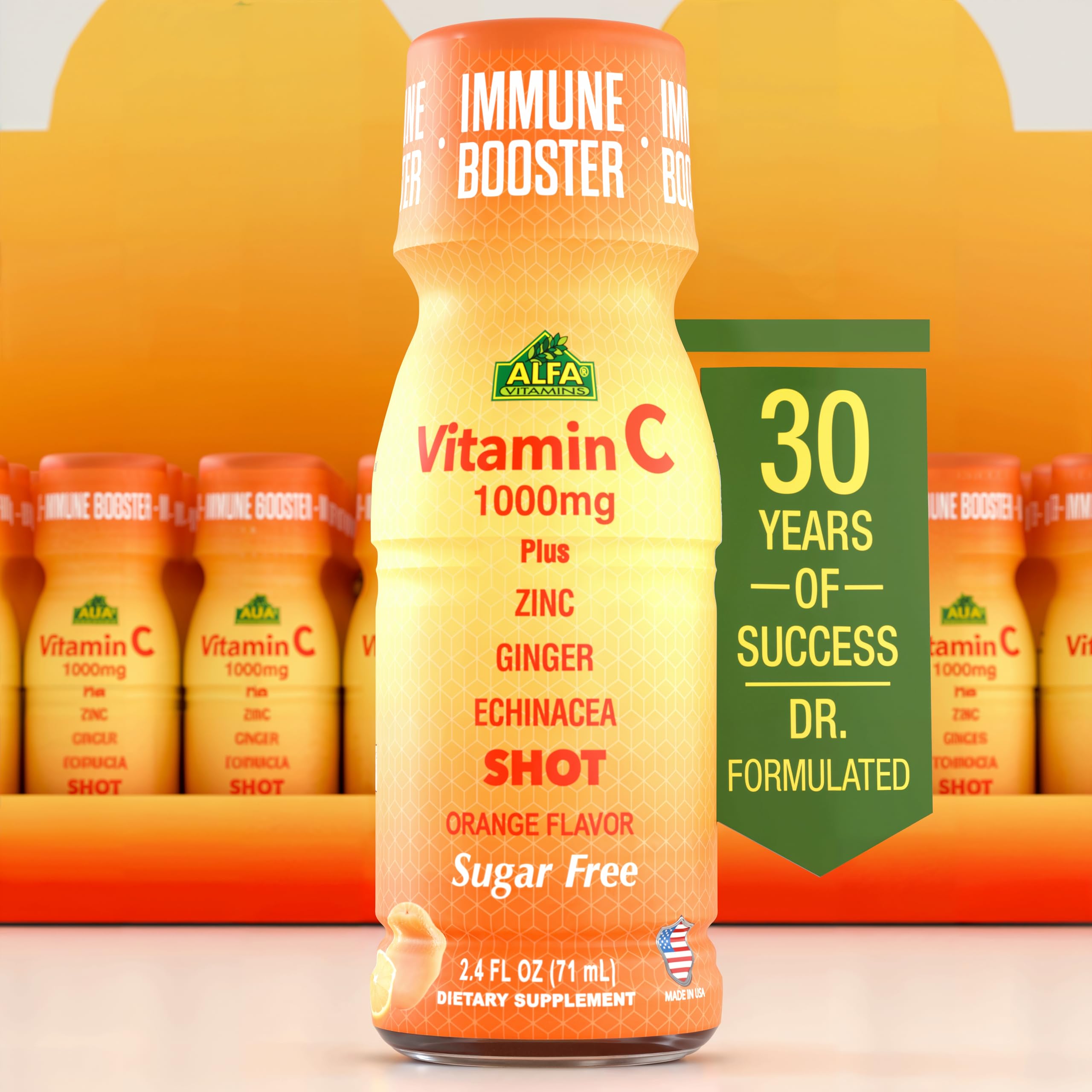ALFA VITAMINS Vitamin C Shot 1000mg with Zinc, Ginger & Echinacea – Immune Support & Daily Wellness – Orange Flavor – 2.4 fl oz Bottle – 20 Pack