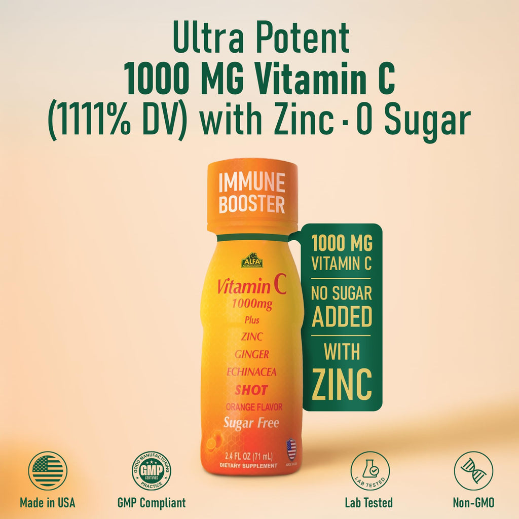 ALFA VITAMINS Vitamin C Shot 1000mg with Zinc, Ginger & Echinacea – Immune Support & Daily Wellness – Orange Flavor, 2.4 fl oz, 80-count