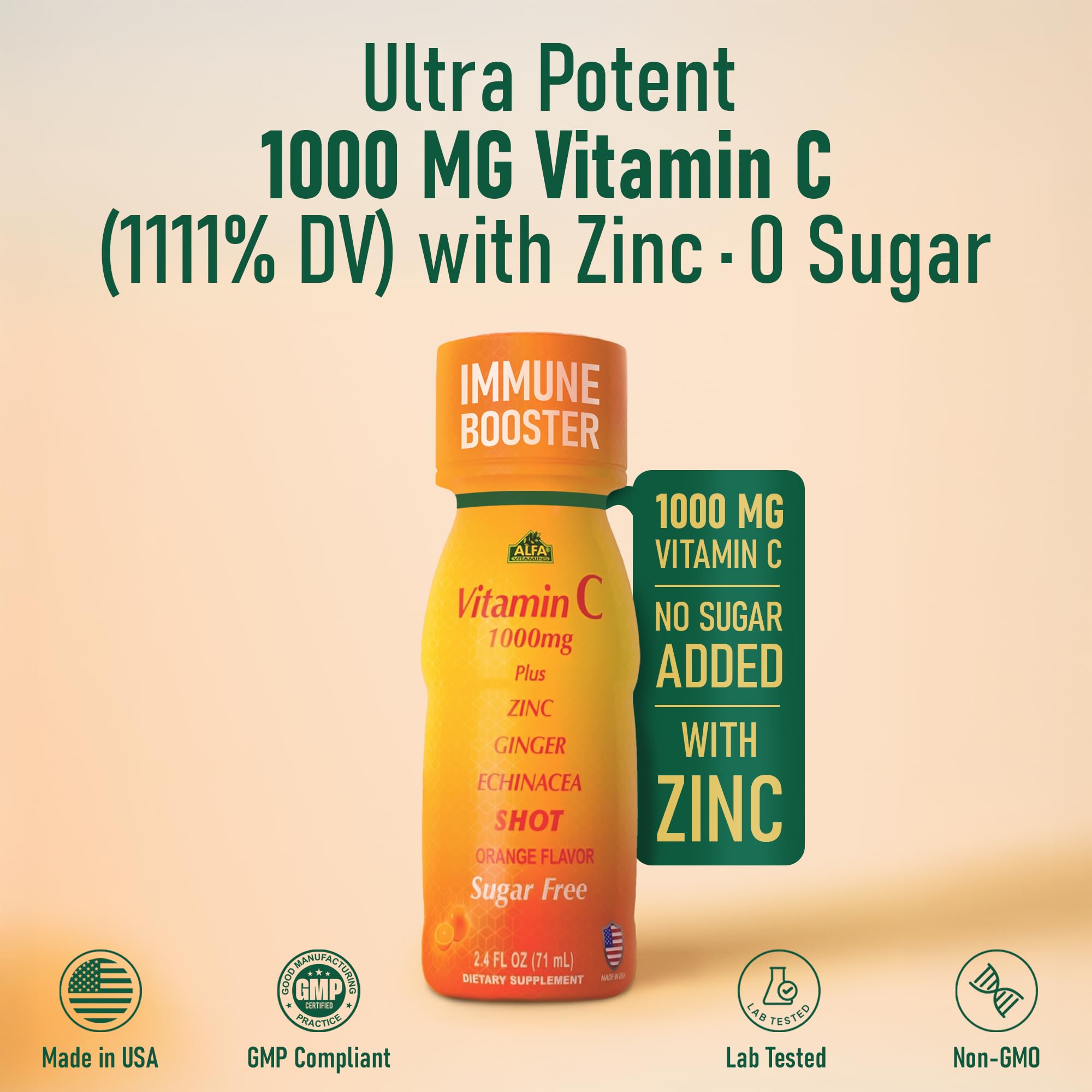 ALFA VITAMINS Vitamin C Shot 1000mg with Zinc, Ginger & Echinacea – Immune Support & Daily Wellness – Orange Flavor, 2.4 fl oz, 80-count