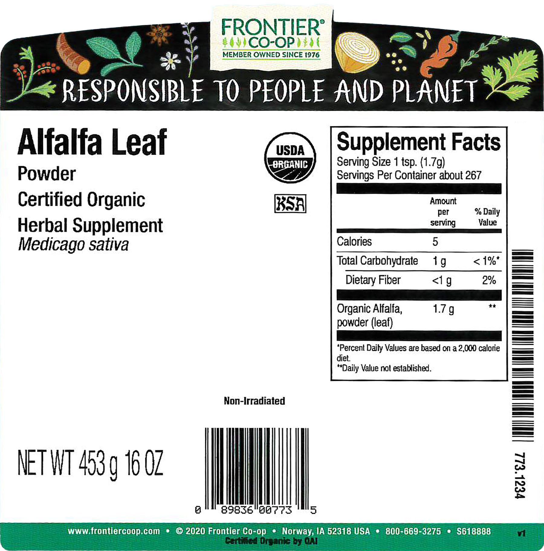 Frontier Co-op Organic Alfalfa Leaf Powder – Kosher, 1 lb Bulk Bag | Medicago sativa L.