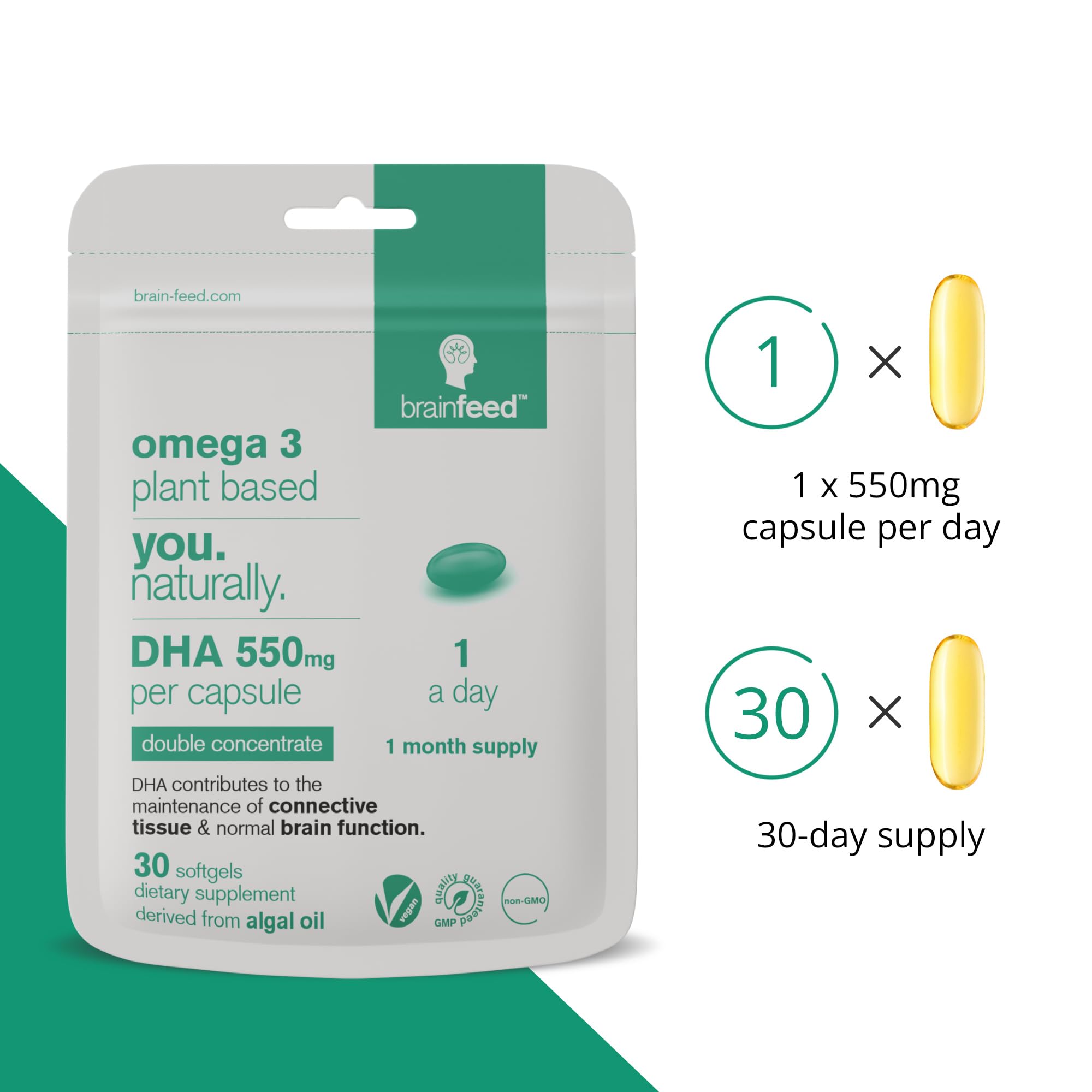 Algae DHA Supplements - 550mg DHA per Capsule | 1-A-Day Vegan Omega-3 for Brain & Eye Health | 30 Capsules