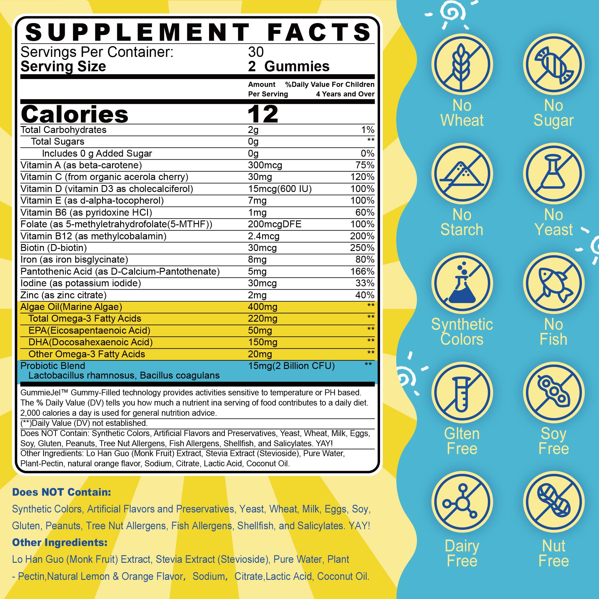Kids Multivitamin Gummies with Iron – Sugar Free, Probiotics & Omega-3 (60 Count)