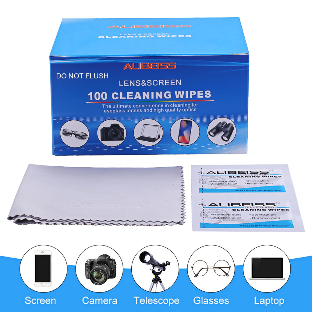 ALIBEISS Pre-Moistened Lens Wipes - Screen Cleaning Wipes for Glasses, Cameras, Tablets & Smartphones (Pack of 100)