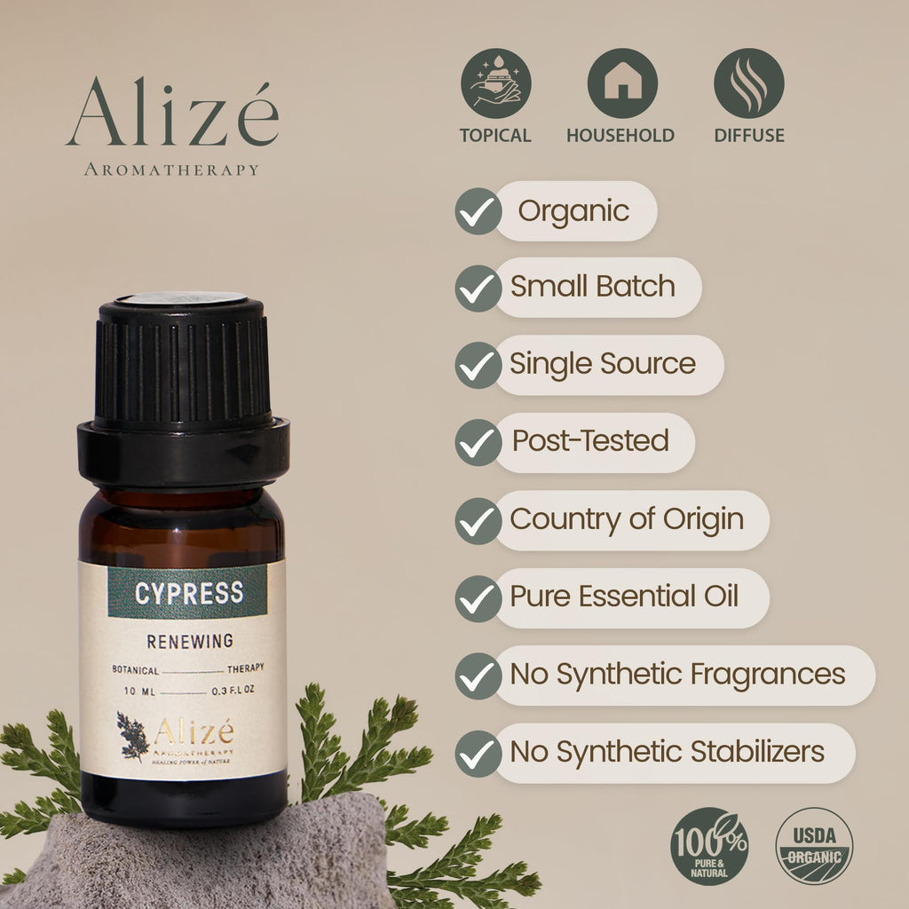 Alizé Aromatherapy Cypress Essential Oil – USDA Organic, 100% Pure, 10ml