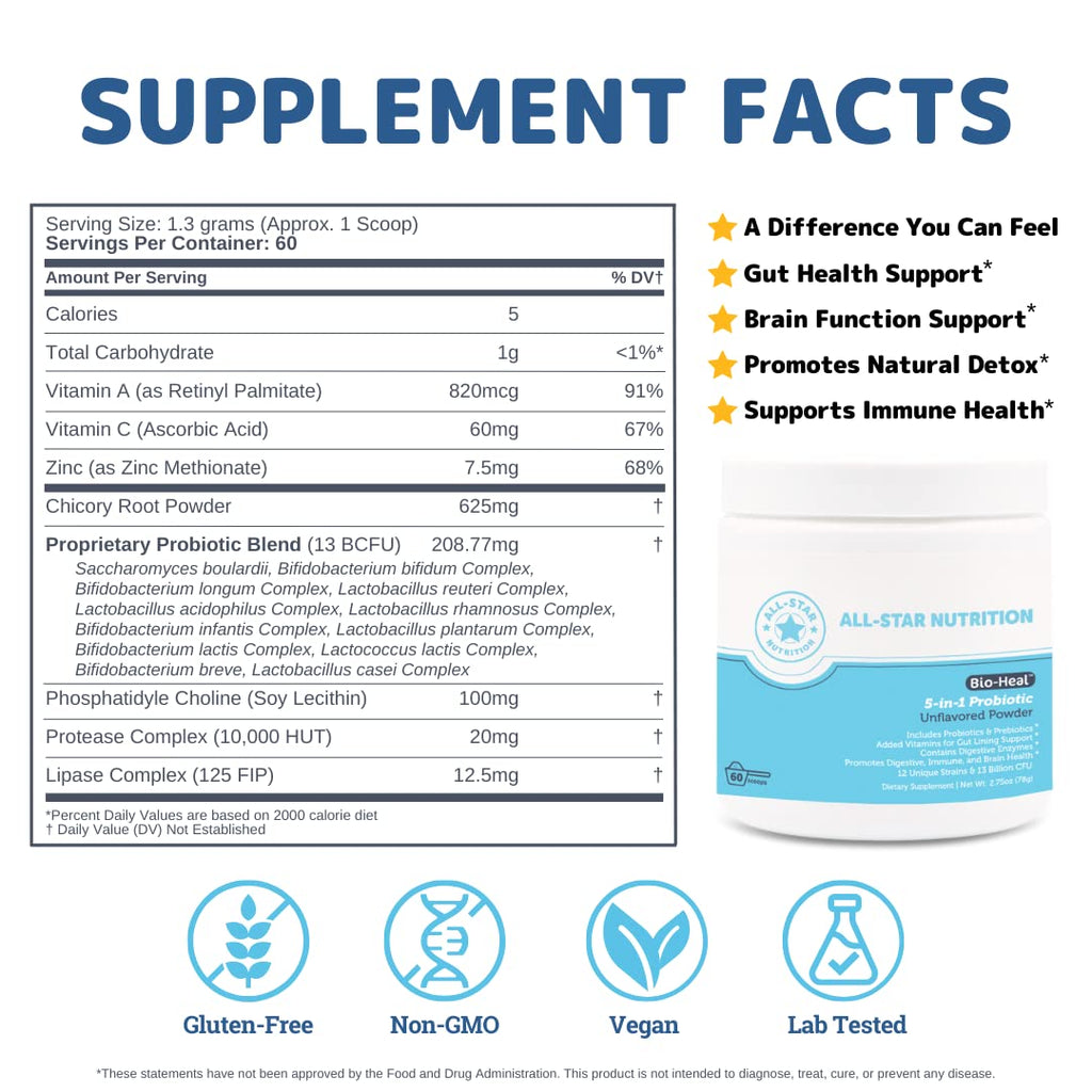 All-Star Nutrition 5-in-1 Bio-Heal Probiotic Powder – Multi-Strain Probiotic for Kid, Adult & Gut Health