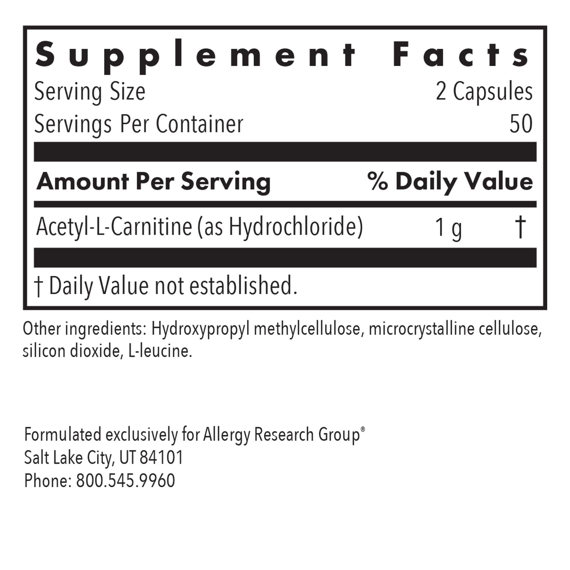 Allergy Research Group Acetyl-L-Carnitine 500mg – Metabolism & Energy Support, 100 Count