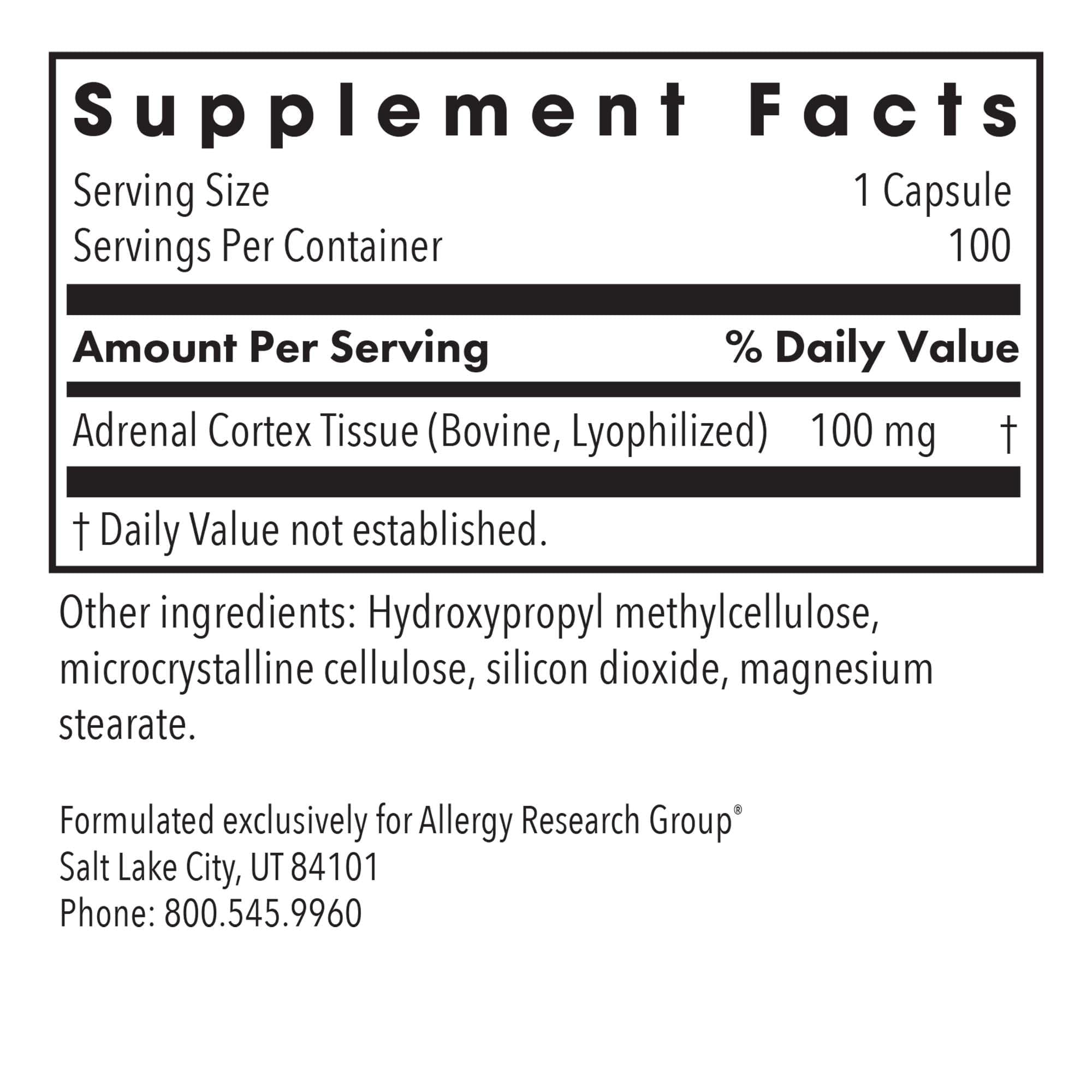 Allergy Research Group Adrenal Cortex Support - Adrenal Glandular Supplement, Immune Function, 100mg Adrenal Extract, Bovine - 100 Count