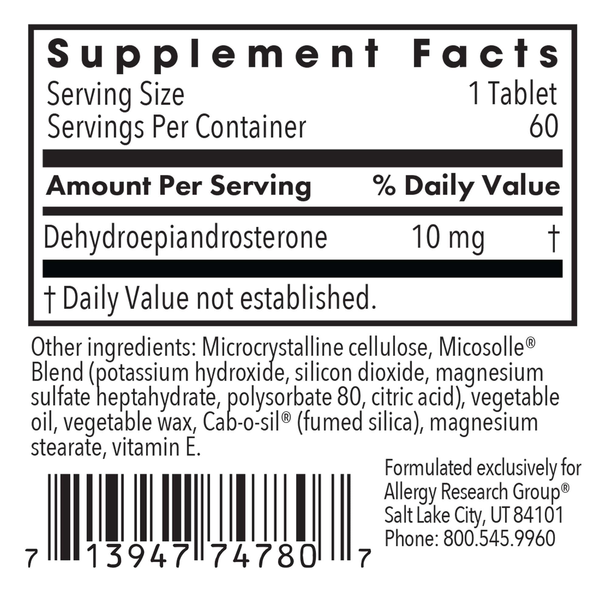 Allergy Research Group DHEA 10mg Micronized – Metabolism Support, Soy-Free, Vegan, Scored Tablets – 60 Count