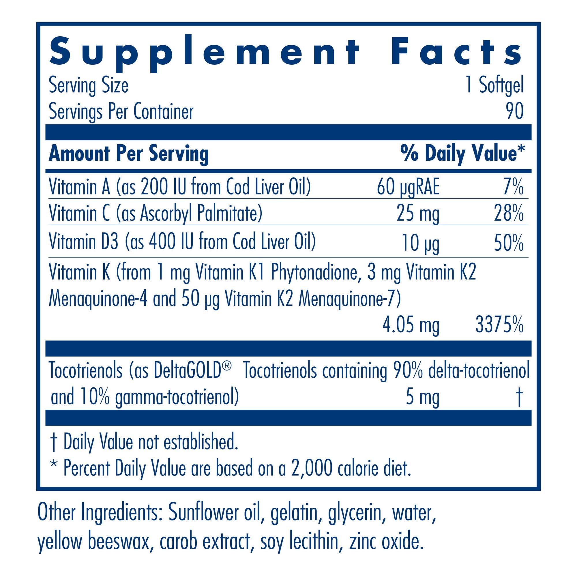 Allergy Research Group Full Spectrum Vitamin K - K1 & K2 (MK-4/MK-7), D3 & A - 90 Count
