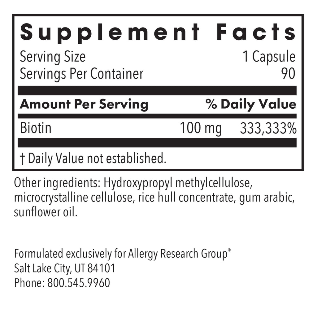 Allergy Research Group HiBiotin Supplement - Extra Strength Biotin Pills, Vegetarian Capsules, Gluten Free - 90 Count