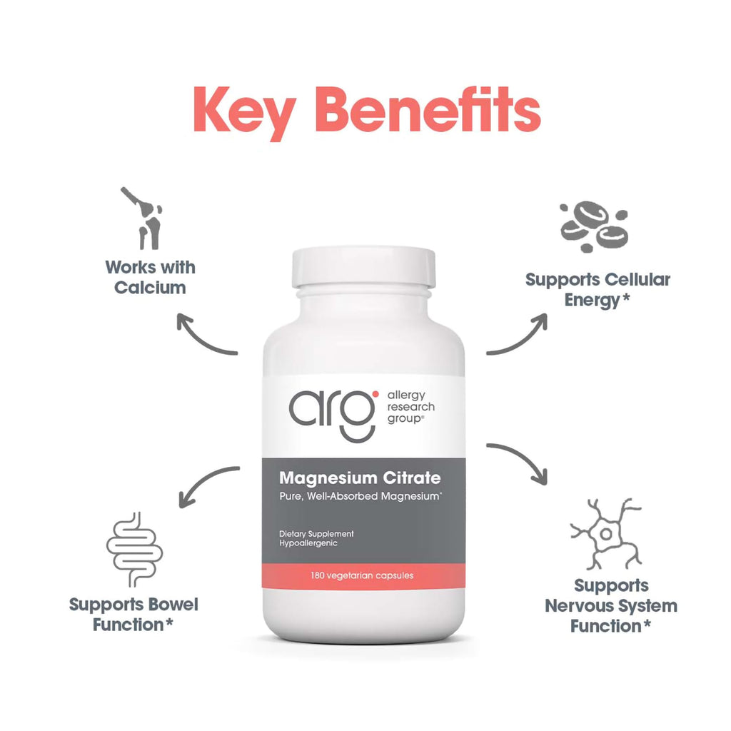 Allergy Research Group Magnesium Citrate Supplement – 170 mg per Capsule | 180 Vegetarian Capsules
