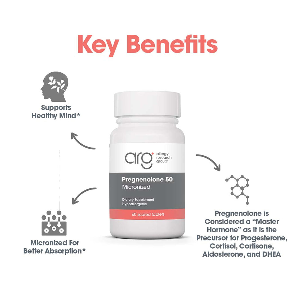 Allergy Research Group Pregnenolone Supplement 50mg - Hormone & Stress Support - Non-GMO Wild Yam, Micronized Lipid Matrix, Plant-Sourced - 60 Tablets
